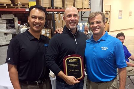 From left to right: Carlos Eijansantos – Juki’s Sales Manager – Americas, Bill Butt – Principal, Quantum Systems, and Bill Astle – President, JAS, Inc.
